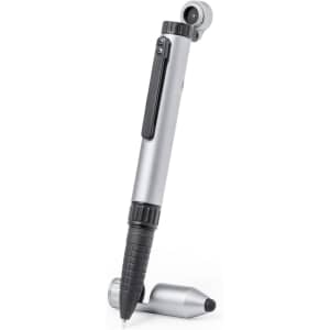 A multifunction pen in silver and black, featuring a clip and stylus tip, with a logo on the barrel.