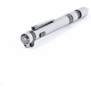A silver multifunction pen featuring a compass. The design includes a clip and textured grip.