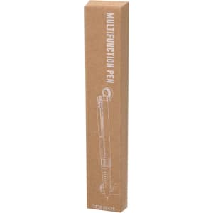 A multifunction pen in a brown cardboard box featuring a simple line drawing and branding on the front.
