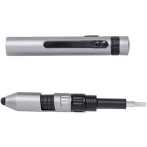 A multifunction pen in silver, featuring a sleek design with various writing tips and a logo.