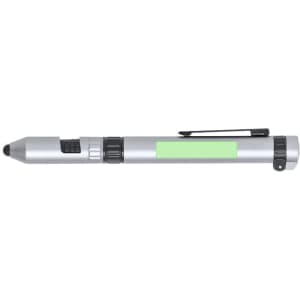 A multifunction pen in silver, featuring a black grip and clip, with a green space for branding.