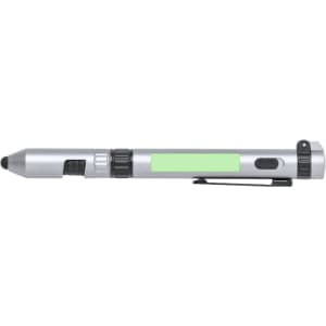 A multifunction pen in silver with a green section, featuring a clip and various functional elements.