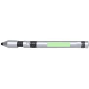 A multifunction pen in silver and black, featuring a smooth barrel design and a logo on the side.