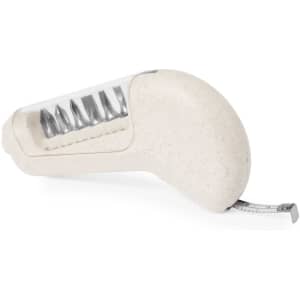 A multitool tape measure in cream colour with a transparent casing revealing chrome measuring tape and features. It has a logo.