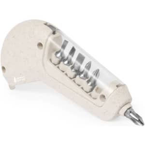 A multitool featuring a beige casing with a transparent section and several interchangeable metal screwdriver bits.