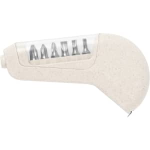 A beige multitool tape measure featuring a clear compartment with various metal bits and a logo.