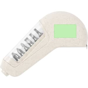 A multitool tape measure in cream with five metal bits, featuring a transparent section and a branding area.