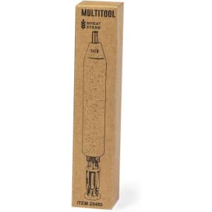 A multitool in a tapered box made from brown wheat straw, featuring a logo and various tool attachments.