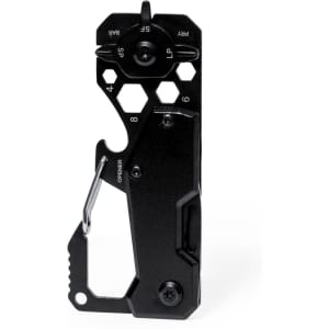 A black multitool featuring various functionalities, including a bottle opener and a keyring attachment.