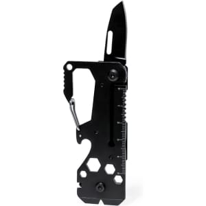 A black Valixia multitool featuring a knife, carabiner clip, and various functions with measurement markings.