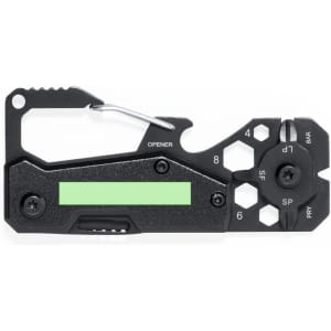 A black multitool with a carabiner, featuring various functions like an opener and measurement tools.