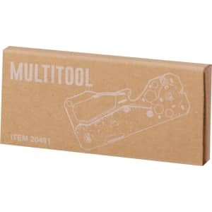 A multitool in a kraft paper box, featuring various tool outlines in white. The packaging has a minimalist design.