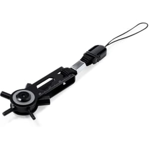 A black multitool featuring various functions and a measurement scale, with a lanyard attachment.