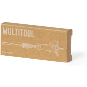 A multitool in packaging, featuring a brown box design with an illustration of the tool. The box includes a logo.