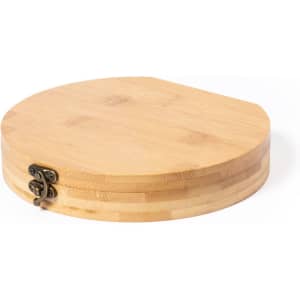 A round bamboo tool set with a clasp, featuring a natural wood finish. It has a simple, elegant design.