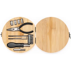 A round bamboo tool set featuring pliers, a screwdriver, various bits, and a socket set in a compact design.