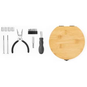 A round bamboo case contains a black pliers and various tools, including screwdrivers and multiple bit attachments.