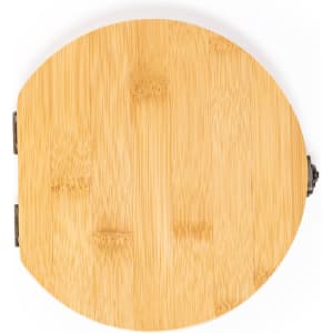 A round bamboo tool set with a hinge, featuring a smooth, natural finish. It includes a small logo.