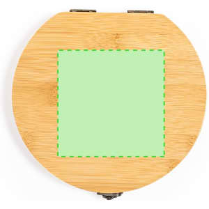 A round bamboo tool set with a green square area in the centre. The tool set has a clasp closure.