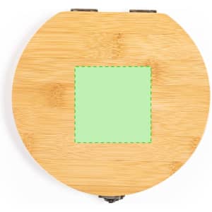 A round bamboo tool set with a square green section on top, featuring metal clasps. It also has a logo.