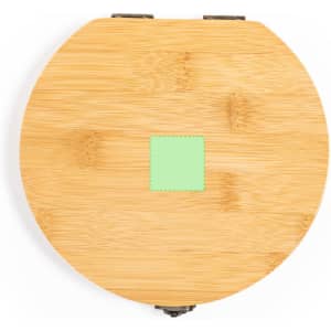 A round bamboo tool set with a green square on top and metal clasps. It features a logo on the surface.