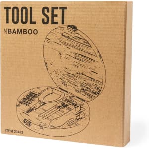A bamboo tool set in a circular cardboard box, featuring various tools and a logo on the packaging.