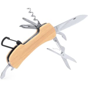 A multifunction pocket knife with a bamboo handle and stainless steel tools including a blade, scissors, and corkscrew.