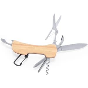 A multifunction pocket knife with a wooden handle, featuring multiple tools including a knife, scissors, and a corkscrew.