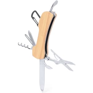 A multifunction pocket knife with a bamboo handle and various stainless steel tools, including scissors and a corkscrew.