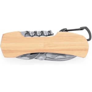 A multifunction pocket knife with a bamboo handle and metal tools, featuring a carabiner clip for attachment.