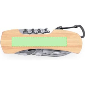 A multifunction pocket knife with a bamboo handle, silver metal tools, and a carabiner attachment.