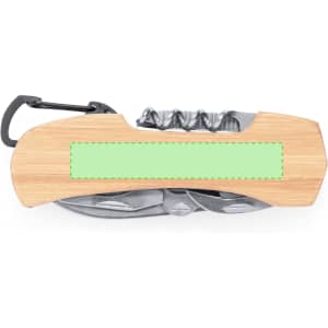 A multifunction pocket knife with a bamboo handle, metal tools, and a carabiner, featuring a blank area for customisation.