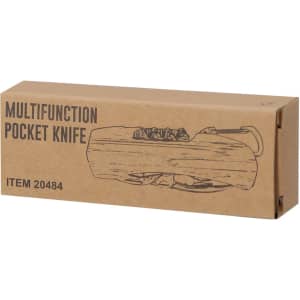 A brown cardboard box containing a multifunction pocket knife, featuring a graphic of the knife on the packaging.