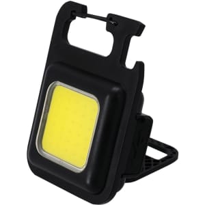 A compact black torch with a yellow light, featuring a sturdy clip and a stand for easy positioning.