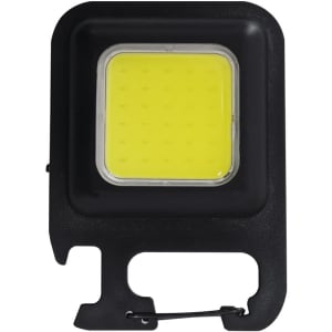 A black torch with a square yellow light section, featuring a keyring attachment for easy carrying.