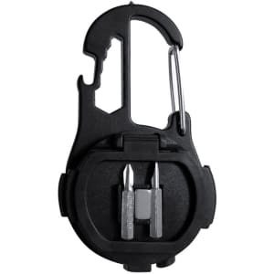 A black Argix Multitool featuring a carabiner clip and two screwdriver bits stored inside.