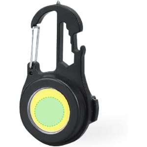 A black multitool with a carabiner clip, featuring a circular, green accent. It includes various tool functions.