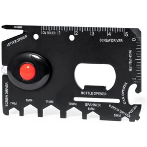 A black multitool featuring a ruler, bottle opener, and various screwdrivers, with a red button and logo.