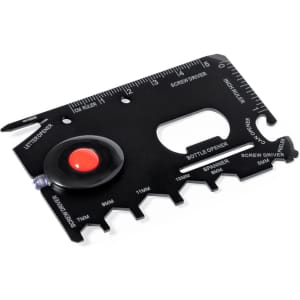 A multitool card in black with various functions, including a bottle opener and screwdrivers. It features a small red button.