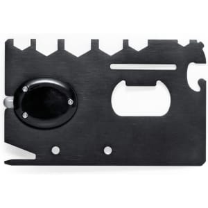 A black multitool featuring various functions, including a bottle opener, in a sleek, credit card-sized design.