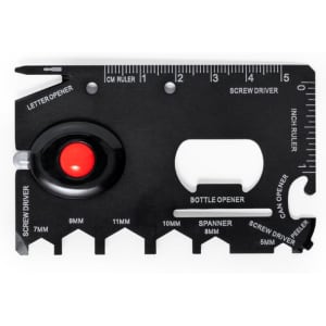 A black multitool featuring a bottle opener, screwdriver, can opener, and various measurements, with a red accent.