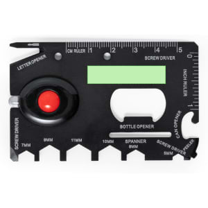 A black multitool featuring a ruler, bottle opener, screwdriver, can opener, and spanner, with a red accent.