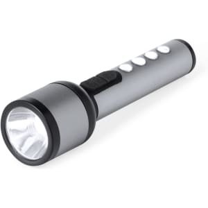 A silver torch with a black handle and buttons, featuring a bright front light and multiple settings.