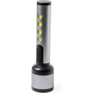 A silver and black torch with four yellow LED lights and a button on the side. It features a logo.
