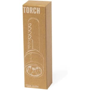 A cardboard box containing a torch, featuring a simple design and a drawstring top. The colour is brown.