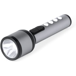 A silver and black torch with a round head and multiple buttons along the side. It features a logo on the body.