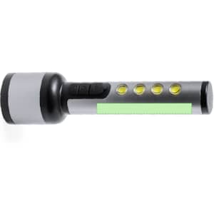 A silver and black torch featuring a button and several indicator lights. It has a simple, streamlined design.