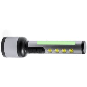 A black and silver torch with a green accent and multiple light settings, featuring a logo on its side.