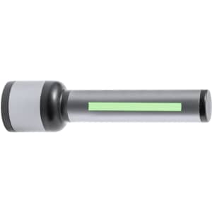 A black and silver torch with a green indicator strip, designed for keyrings and tools.