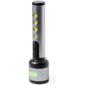 A silver and black torch with four LED lights and a control button, featuring a branding logo.
